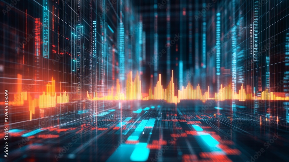 Leinwandbilder A D financial chart with rising columns and a glowing trendline, placed over a sleek digital grid with futuristic design elements
