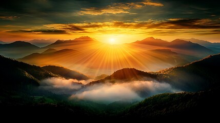 Majestic sunrise over misty mountain range (1)
