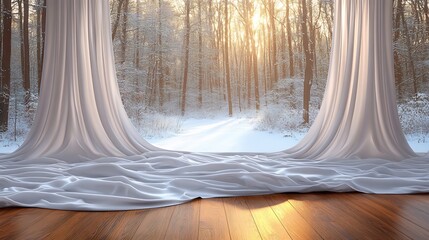 Serene Winter Forest View Through Sheer Curtains Warm sunlight illuminates snowy path. AI Generated