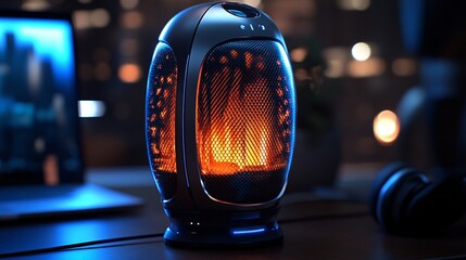 Sleek Futuristic Air Purifier Concept with Soft Lighting and Modern Design in Nighttime Setting