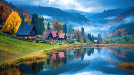 Obraz premium Autumn Village Houses Beside Serene Mountain Lake
