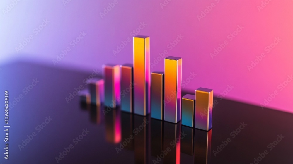 Fototapete A D stacked bar chart with metallic bars in ascending order, placed on a reflective surface, highlighting financial progress in a clean, minimalist design