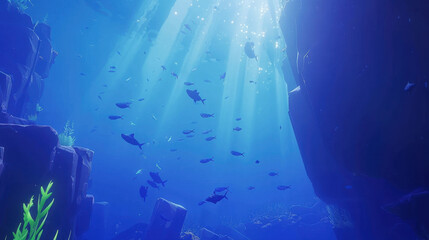 Underwater scene with sunlight rays illuminating school of fish swimming among rocks and aquatic plants. serene blue tones create tranquil atmosphere