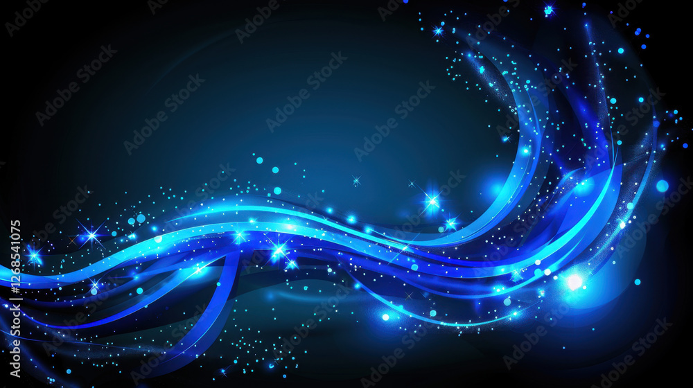Poster abstract blue wave design with sparkling lights and glowing particles, creating dynamic and vibrant 