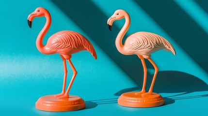 Two flamingo figurines on a vibrant surface, symbolizing elegance and simplicity in a bold color palette.