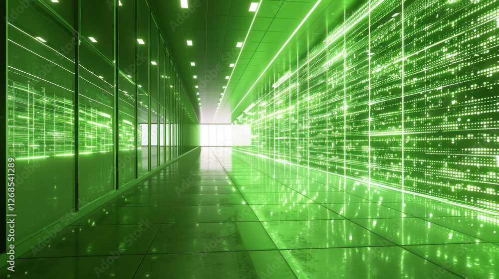 Aufkleber futuristic corridor with glowing green lights and digital patterns, creating high tech atmosphere. s