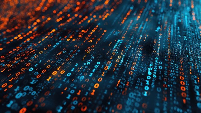 Abstract dark blue backdrop featuring vibrant code elements. This digital design highlights binary patterns, perfect for technology-related projects or presentations.