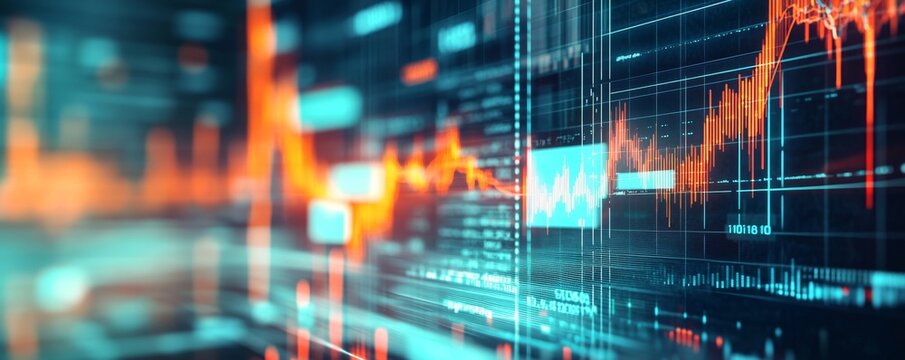 Cityscape backdrop, digital stock market data graphs