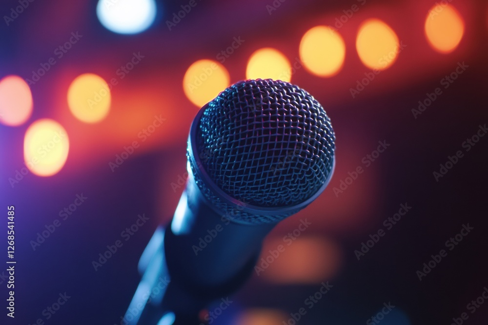 Leinwandbilder Close up view of a microphone against a colorful bokeh background creating a vibrant atmosphere for a performance. Generative AI