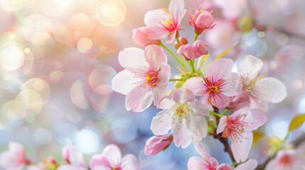 Fototapeta premium Beautiful cherry blossoms in soft pink hues, surrounded by dreamy bokeh background, evoke sense of tranquility and renewal