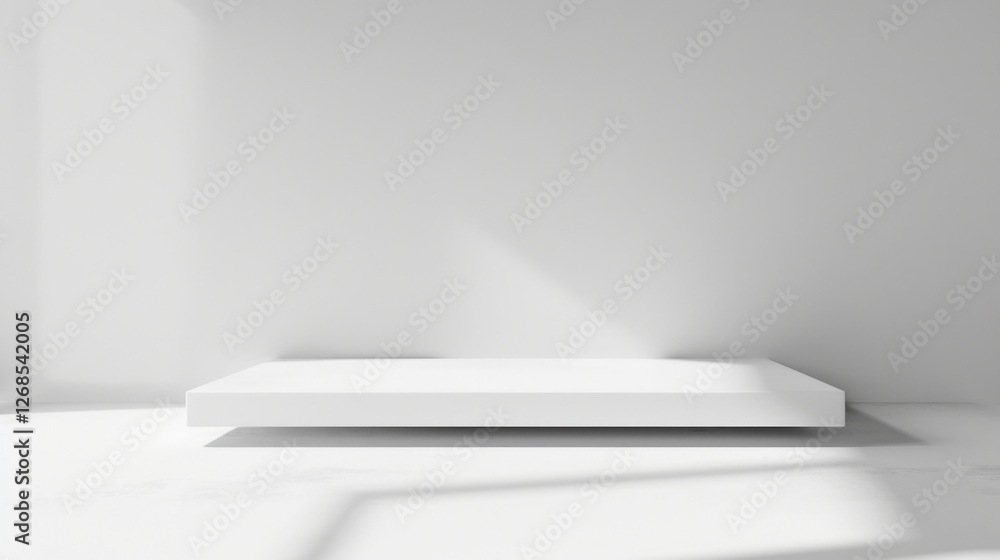Poster minimalist white platform in bright, empty room with soft shadows. clean lines and simplicity create