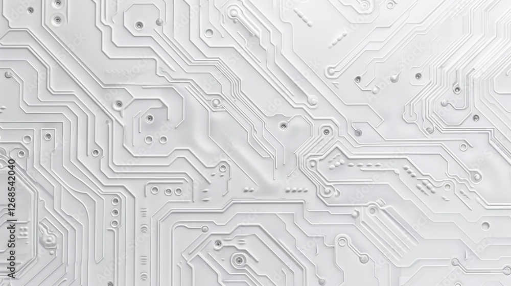 Poster sleek white circuit board design with intricate patterns and lines, showcasing modern technology and