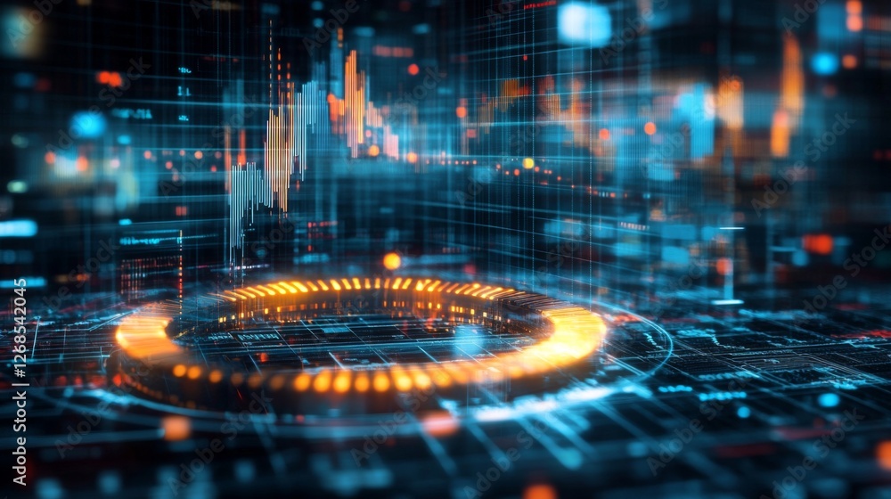 Poster a close-up of a futuristic d donut chart with segmented, glowing parts, floating above a digital gri