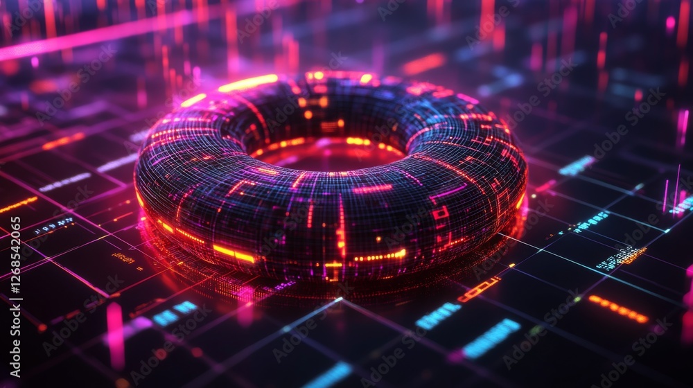 Poster a close-up of a futuristic d donut chart with segmented, glowing parts, floating above a digital gri