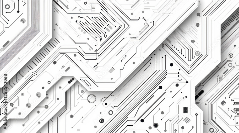 Poster abstract circuit board design with intricate lines and patterns in black and white, showcasing techn