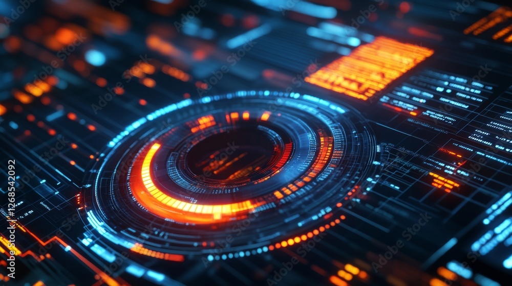 Poster a close-up of a futuristic d donut chart with segmented, glowing parts, floating above a digital gri