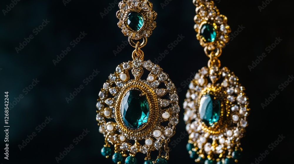 Poster a close-up of a pair of diamond drop earrings, showcasing the sparkle of the gems and the intricate 