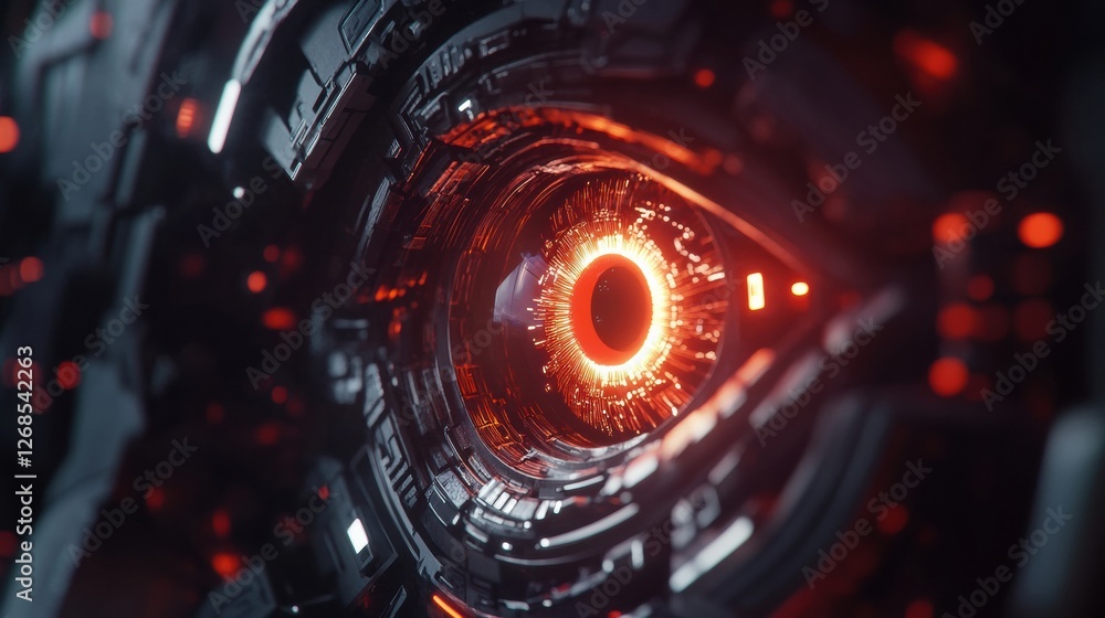 Poster Close up view of a glowing robotic eye within intricate futuristic circuits at twilight. Generative AI