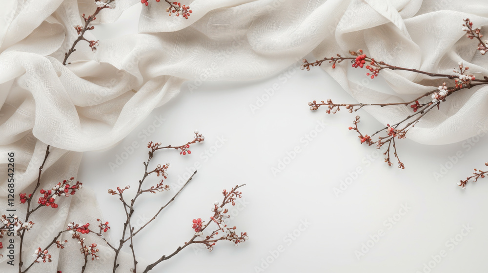 Poster delicate branches with red berries arranged on soft fabric, creating serene and elegant composition.