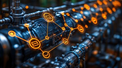 Futuristic Visual Map with Grid Style and Connection Elements in Industrial Setting
