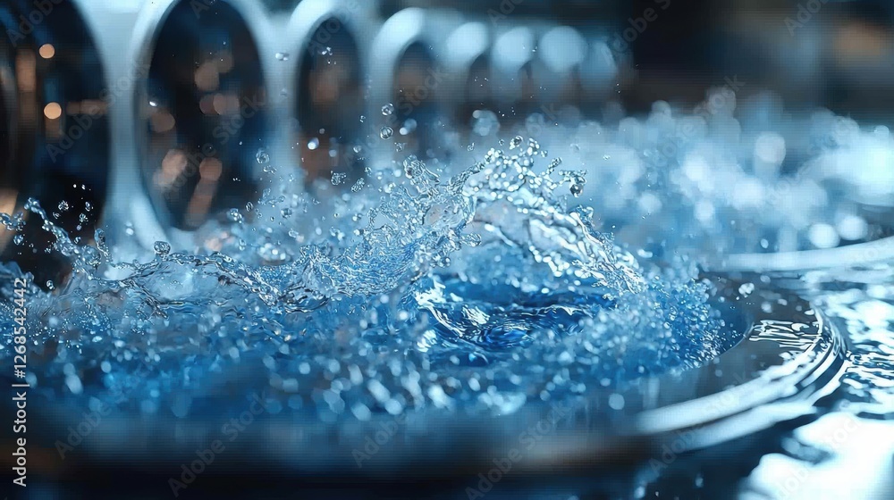 Poster close-up of splashing water in a metallic setting, highlighting fluid dynamics.