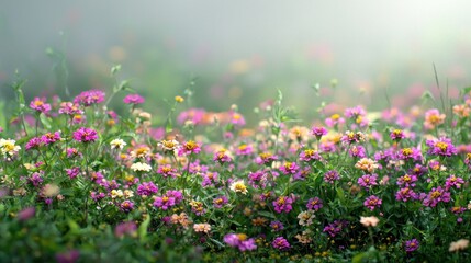Fototapeta premium Colorful wildflowers in a misty meadow
