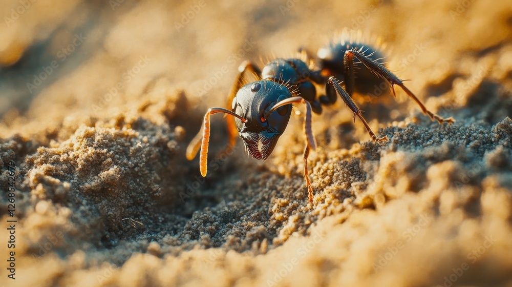 Poster a close-up of a worker ant on a rough surface, capturing the texture of its body and the surface det