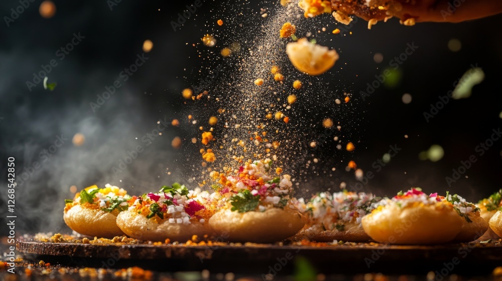 Poster a close-up of pani puri being filled with spicy water, capturing the moment of preparation, with col