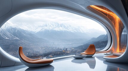 Fototapeta premium Futuristic Living Room with Smooth Curved Design Overlooking Snowy Mountain Landscape