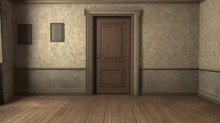 Empty Room with Wooden Door and Vintage Wallpaper