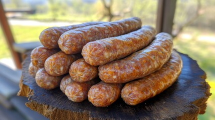 Fototapeta premium A close-up of various types of sausages in their natural casing, with a rustic backdrop, emphasizing the artisanal quality and craftsmanship involved in making them
