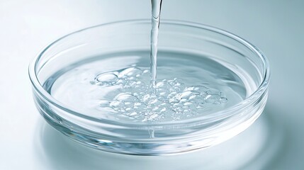 Micellar water splashing into a clear dish, ready for facial cleansing