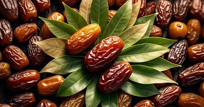 Motion shot of dates fruit, honey, bidara leaves, chickpeas, Arabian fruits, sand dune, desert, Eid Mubarak, Ramadan