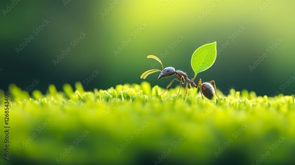 Poster a close-up view of an ant carrying a tiny leaf, showcasing its intricate body structure and details,