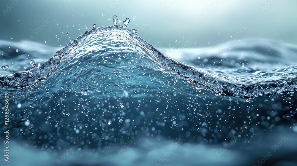 Poster a close-up view of a water wave with droplets sparkling in light.