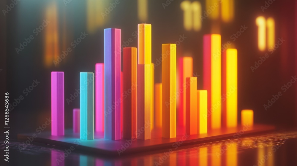 Aufkleber A colorful D bar chart with tall, gradient-colored bars rising from a digital financial dashboard, with numbers softly glowing in the background