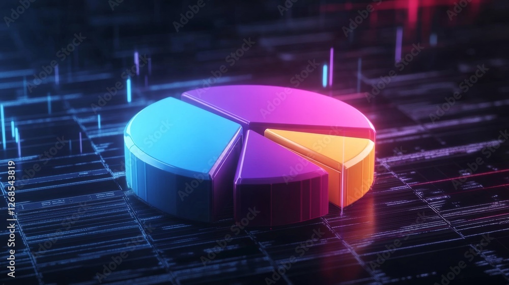 Poster a colorful d pie chart with individual segments floating in mid-air, surrounded by a soft glow, symb