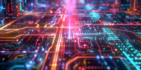 Obraz premium Abstract futuristic circuit board with glowing neon lights | Technology, data, and digital connections in a microchip design