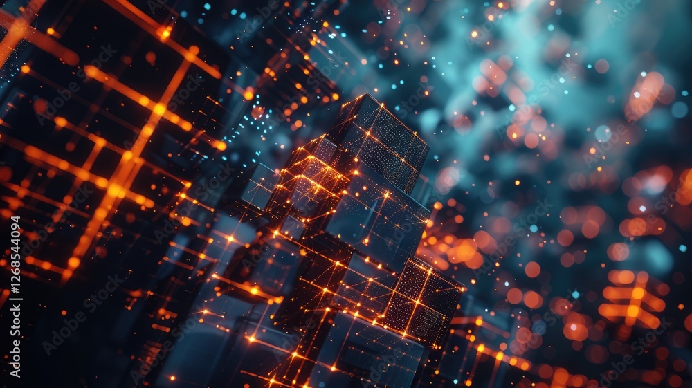 Poster Abstract picture micro particle in geometric shape represent data flow. Vivid flowing object with high tech fractal, create digital effect scene perfect for energetic, fantasy wallpaper design. AIG53.