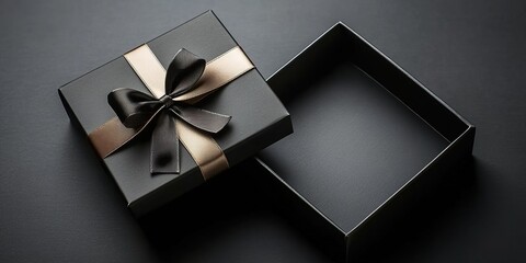 A black gift box with a satin ribbon is open on the right side, showcasing an empty space inside. 