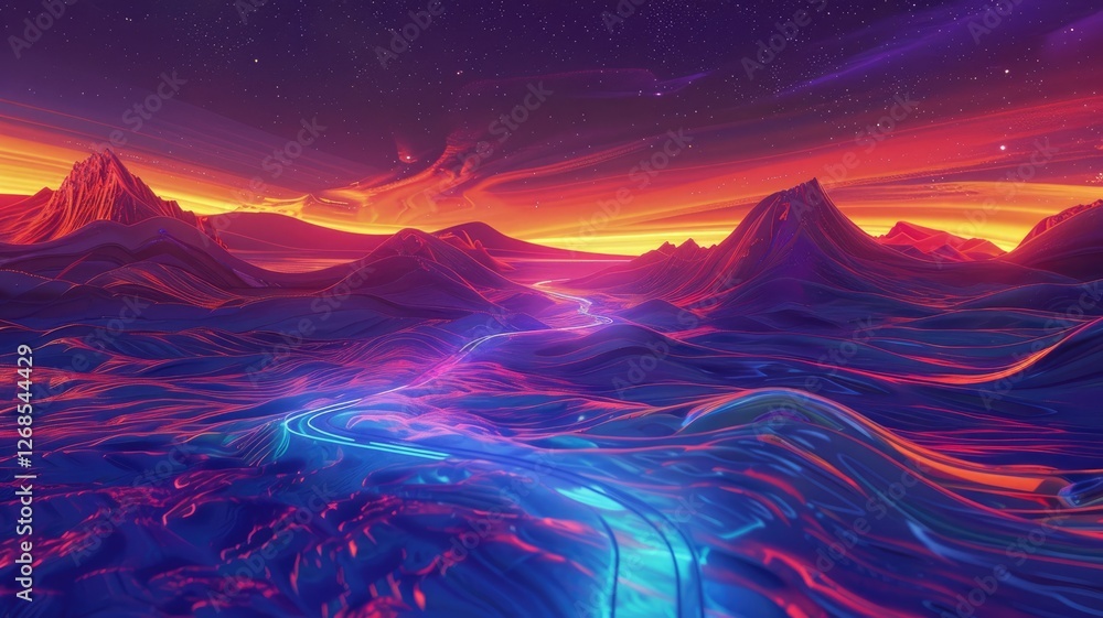 Poster an abstract cyber night scene featuring a vibrant mountainous landscape with flowing lights and vivi