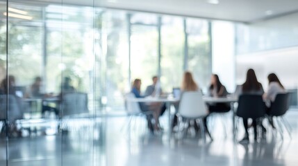 Business people walking and talking in a modern company office. Geometric pattern and skyscrapers foreground. Toned image double exposure mock up blurred