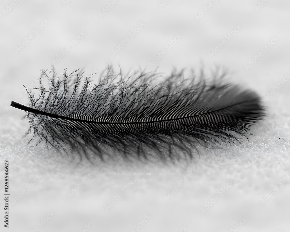 Poster black feather rests on textured surface, monochrome; elegant design element