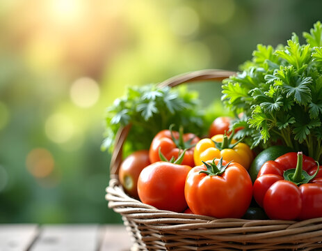 asket filled with fresh tomatoes, peppers, and green herbs, surrounded by a soft, blurred green background, emphasizing the importance of local produce and sustainability on Earth Day