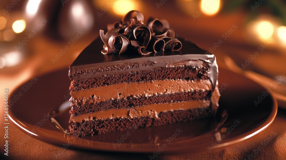 Poster a delicious slice of chocolate cake with layers visible, topped with glossy chocolate frosting and d
