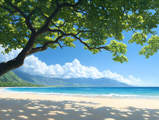 Tranquil Beach Scene Under Lush Tree Canopy