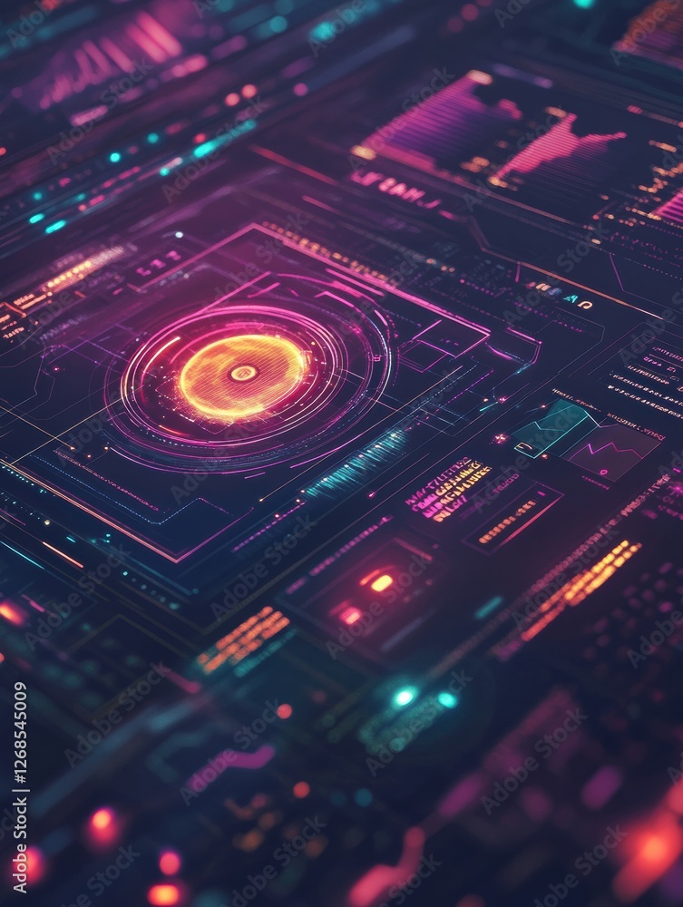 Poster Futuristic digital interface displaying vibrant colors and data analysis in a technology driven environment. Generative AI