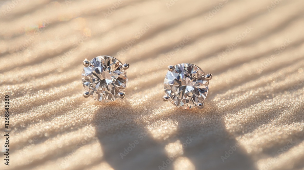 Leinwandbilder a detailed macro view of a pair of classic diamond earrings resting on a textured surface, with soft