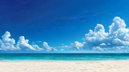 Obraz premium Tranquil Beach Scene with Blue Sky and White Clouds
