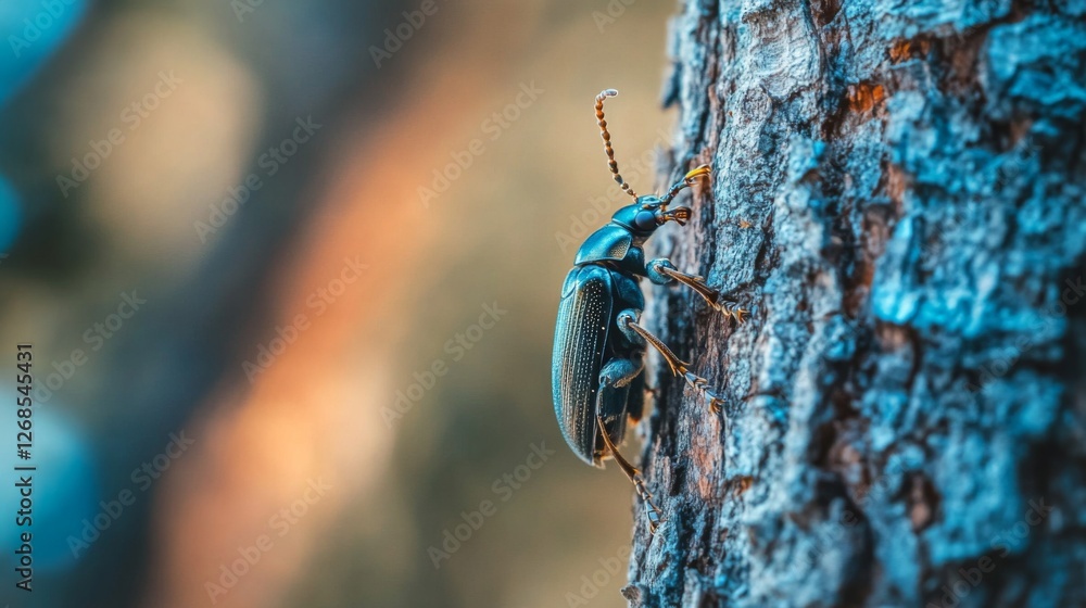 Poster A detailed view of a beetle crawling on a tree bark, highlighting its shiny shell and the rough texture of the wood in the background